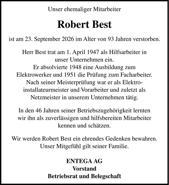 Traueranzeige von Robert Best von Odenwälder Echo