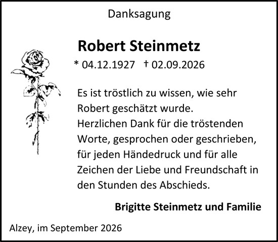 Traueranzeige von Robert Steinmetz von Allgemeine Zeitung Alzey