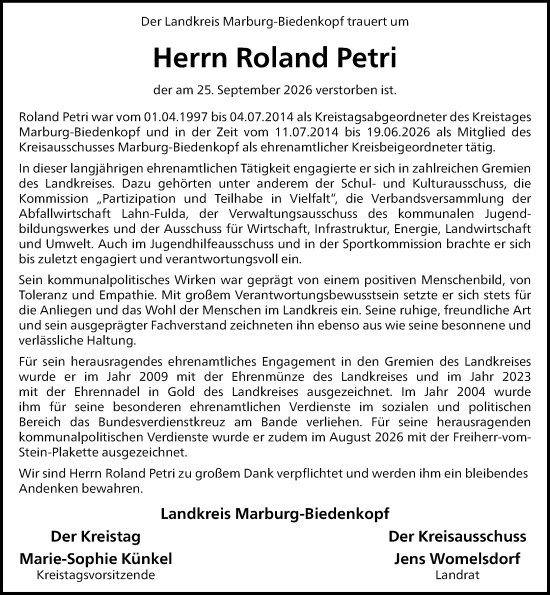 Traueranzeige von Roland Petri von Hinterländer Anzeiger