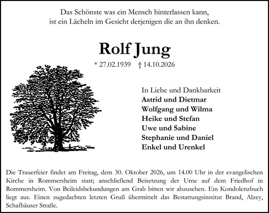 Traueranzeige von Rolf Jung von Allgemeine Zeitung Alzey