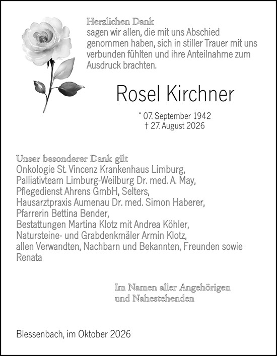Traueranzeige von Rosel Kirchner von Weilburger Tageblatt