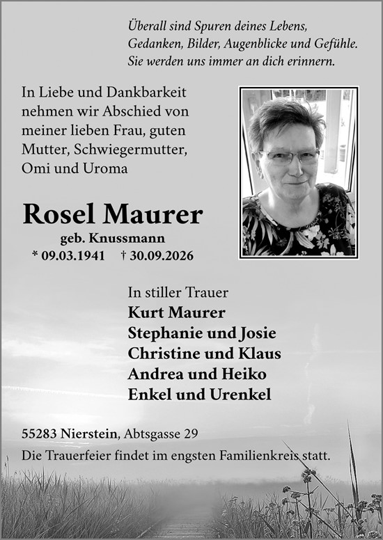Traueranzeige von Rosel Maurer von Allgemeine Zeitung Mainz