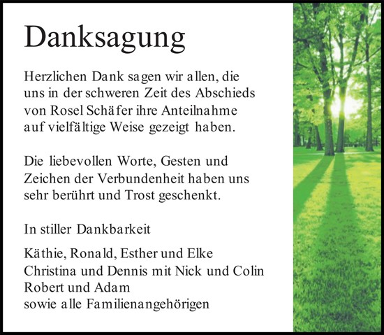 Traueranzeige von Rosel Schäfer von Allgemeine Zeitung Mainz