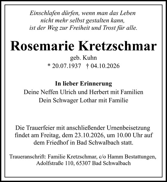 Traueranzeige von Rosemarie Kretzschmar von Rheingau-Taunus-Kreis Wochenblatt