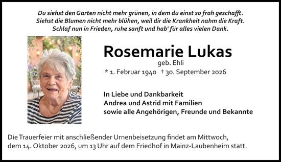 Traueranzeige von Rosemarie Lukas von Allgemeine Zeitung Mainz