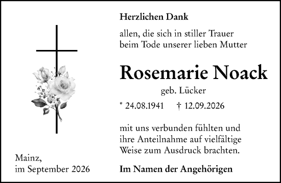 Traueranzeige von Rosemarie Noack von Allgemeine Zeitung Mainz