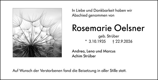 Traueranzeige von Rosemarie Oelsner von Weilburger Tageblatt