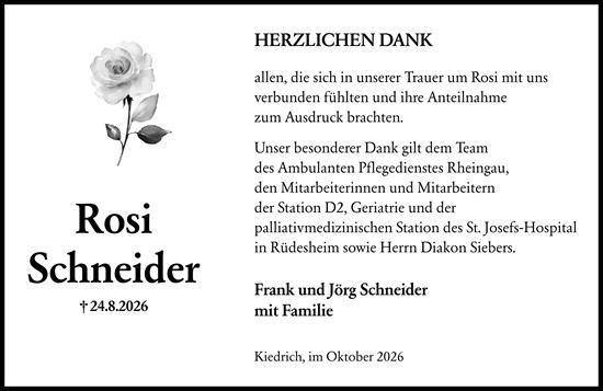 Traueranzeige von Rosi Schneider von Rheingau Kurier