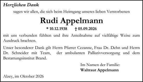 Traueranzeige von Rudi Appelmann von Allgemeine Zeitung Alzey