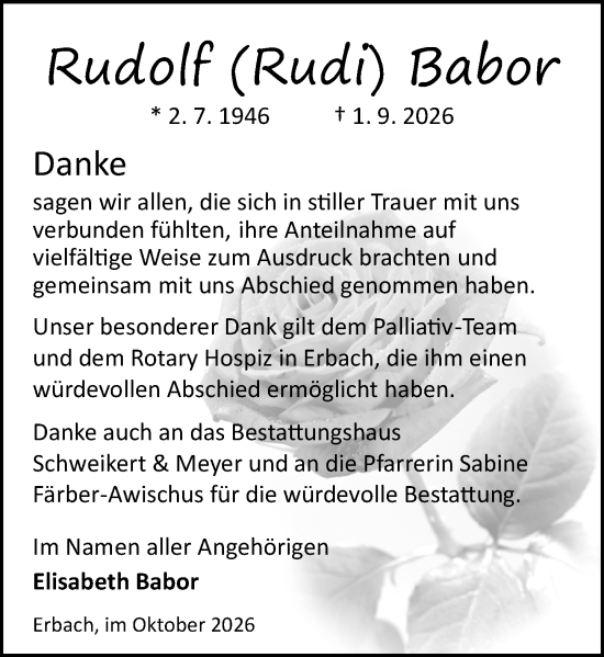 Traueranzeige von Rudolf Babor von Odenwälder Echo