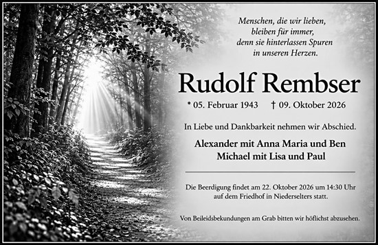 Traueranzeige von Rudolf Rembser von Camberger Anzeiger