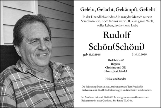 Traueranzeige von Rudolf Schön von Hinterländer Anzeiger