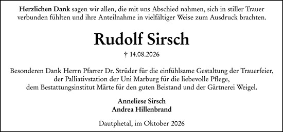 Traueranzeige von Rudolf Sirsch von Hinterländer Anzeiger