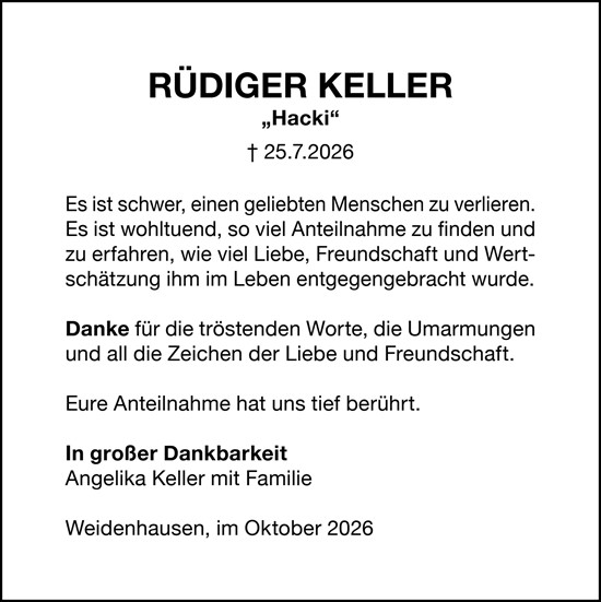 Traueranzeige von Rüdiger Keller von Hinterländer Anzeiger