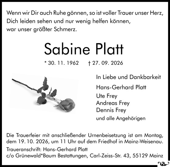 Traueranzeige von Sabine Platt von Allgemeine Zeitung Mainz