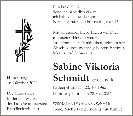 Traueranzeige von Sabine Viktoria Schmidt von Wetzlarer Neue Zeitung