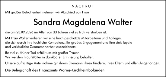 Traueranzeige von Sandra Magdalena Walter von Wormser Zeitung