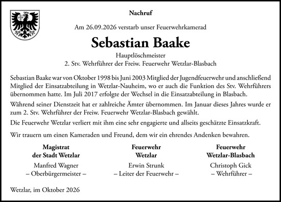 Traueranzeige von Sebastian Baake von Wetzlarer Neue Zeitung