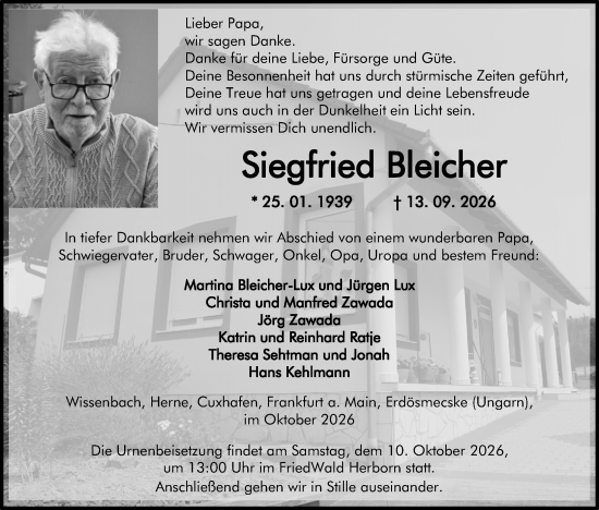 Traueranzeige von Siegfried Bleicher von Dill Block
