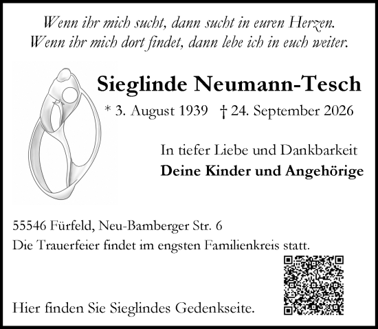 Traueranzeige von Sieglinde Neumann-Tesch von Allgemeine Zeitung Rheinhessen-Nahe