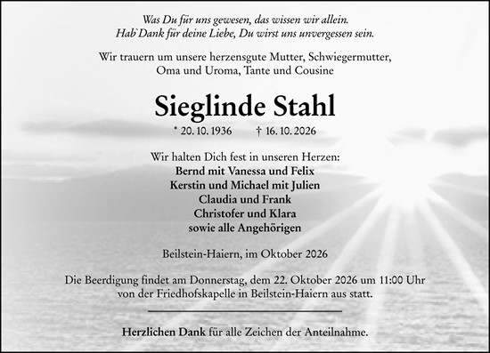 Traueranzeige von Sieglinde Stahl von Dill Block