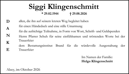 Traueranzeige von Siggi Klingenschmitt von Allgemeine Zeitung Alzey