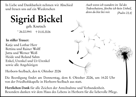 Traueranzeige von Sigrid Bickel von Dill Block