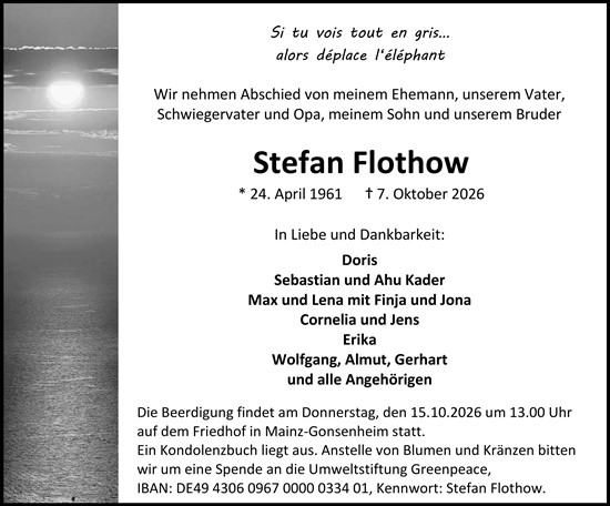 Traueranzeige von Stefan Flothow von Allgemeine Zeitung Mainz