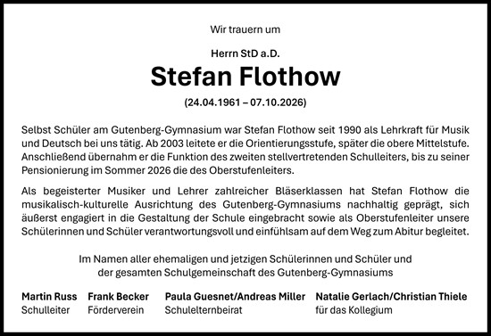 Traueranzeige von Stefan Flothow von Allgemeine Zeitung Mainz