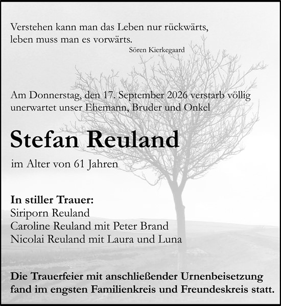 Traueranzeige von Stefan Reuland von Binger-/Ingelheimer Wochenblatt