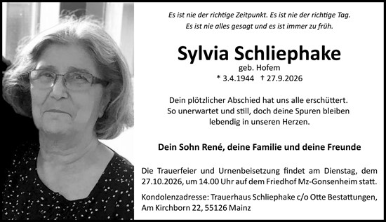 Traueranzeige von Sylvia Schliephake von Allgemeine Zeitung Mainz