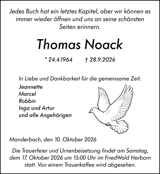 Traueranzeige von Thomas Noack von Dill Block