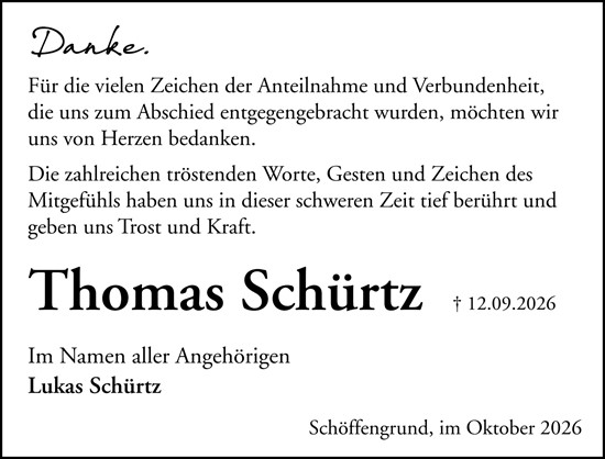 Traueranzeige von Thomas Schürtz von Wetzlarer Neue Zeitung
