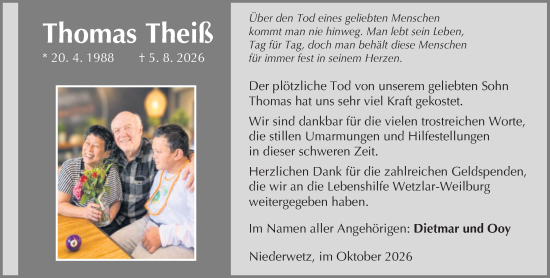 Traueranzeige von Thomas Theiß von Wetzlarer Neue Zeitung