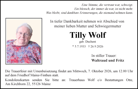 Traueranzeige von Tilly Wolf von Allgemeine Zeitung Mainz