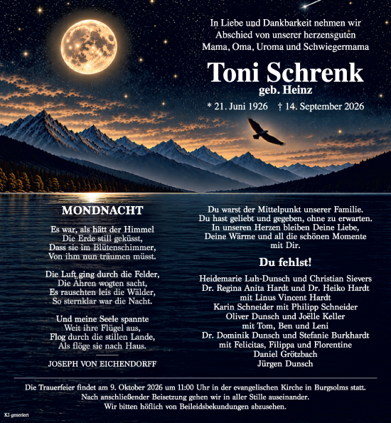 Traueranzeige von Toni Schrenk von Wetzlarer Neue Zeitung