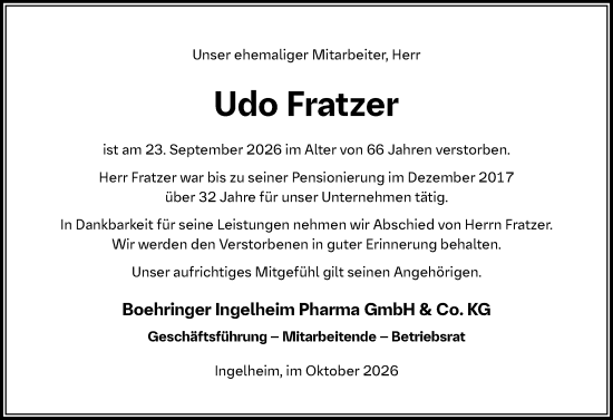 Traueranzeige von Udo Fratzer von Allgemeine Zeitung Rheinhessen-Nahe