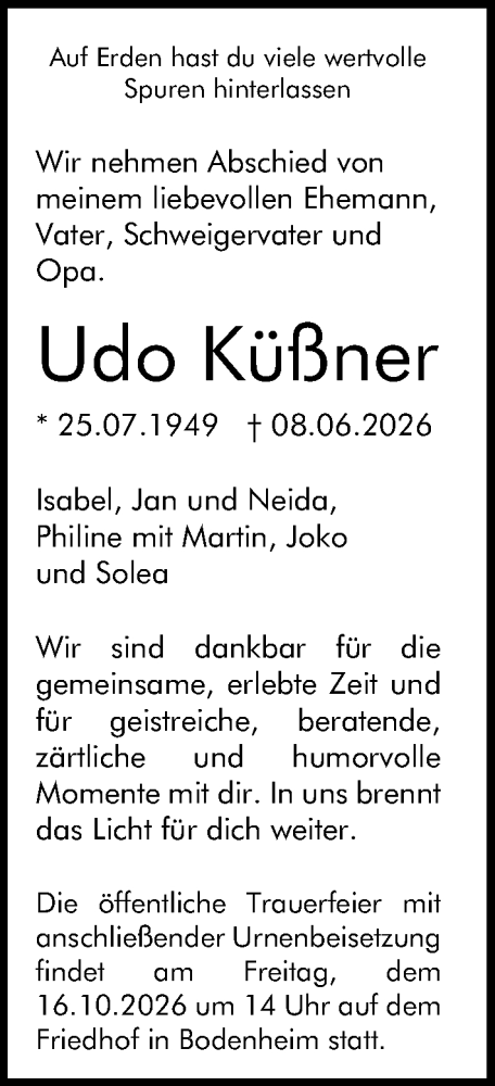 Traueranzeige von Udo Küßner von Allgemeine Zeitung Mainz