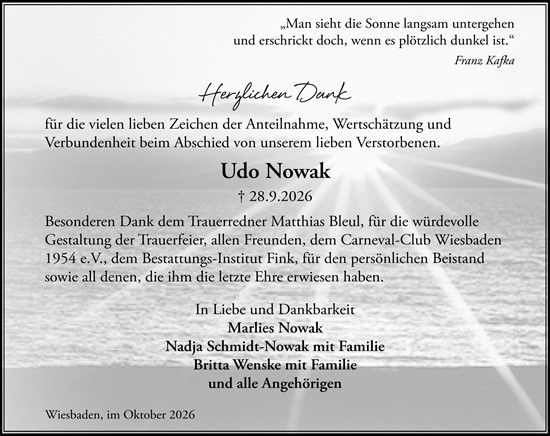 Traueranzeige von Udo Nowak von Wiesbadener Kurier