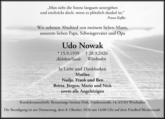 Traueranzeige von Udo Nowak von Wiesbadener Kurier