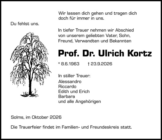 Traueranzeige von Ulrich Kortz von Wetzlarer Neue Zeitung