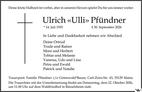 Traueranzeige von Ulrich Pfündner von Rüsselsheimer Echo