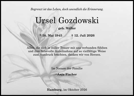 Traueranzeige von Ursel Gozdowski von Allgemeine Zeitung Rheinhessen-Nahe