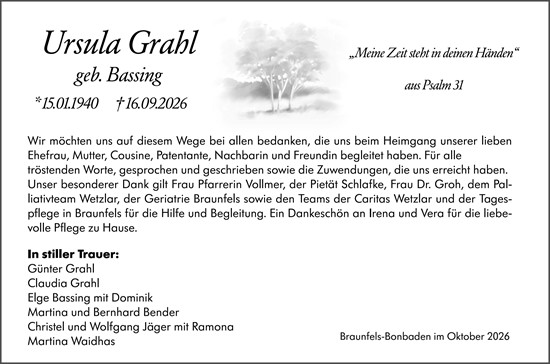 Traueranzeige von Ursula Grahl von Wetzlarer Neue Zeitung