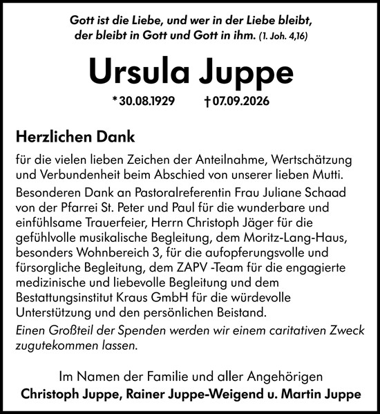 Traueranzeige von Ursula Juppe von Wiesbadener Kurier