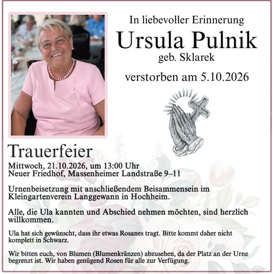 Traueranzeige von Ursula Pulnik von Hochheimer Zeitung