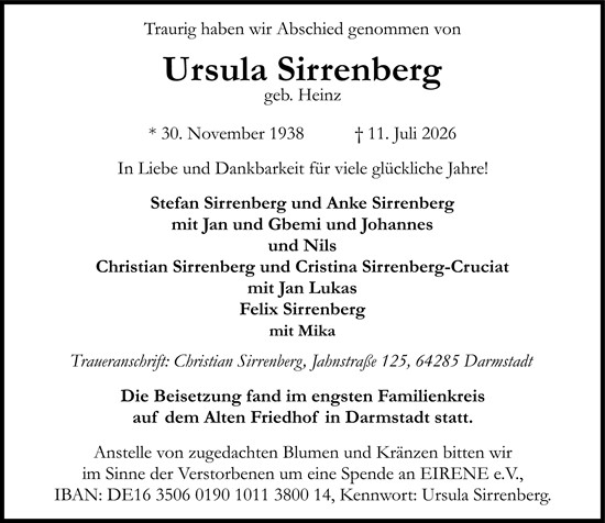 Traueranzeige von Ursula Sirrenberg von Allgemeine Zeitung Rheinhessen-Nahe