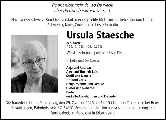 Traueranzeige von Ursula Staesche von Darmstädter Echo