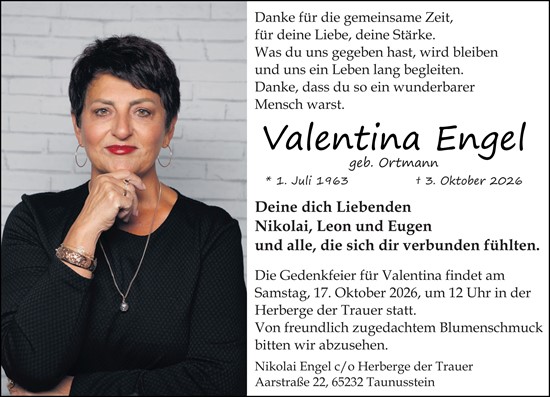 Traueranzeige von Valentina Engel von Rheingau-Taunus-Kreis Wochenblatt