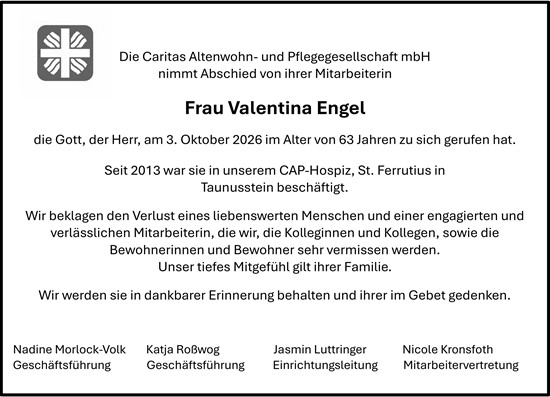 Traueranzeige von Valentina Engel von Idsteiner Land/Untertaunus